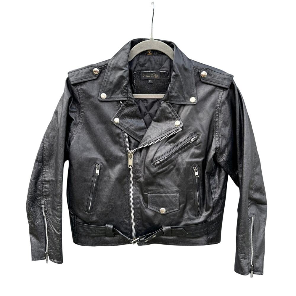 VINTAGE BONA DRAG Black Motorcycle Cropped Leather Moto Jacket Medium M
